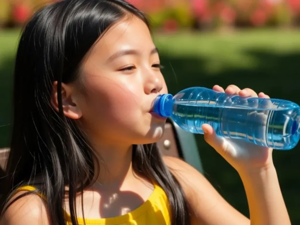 Young girl drinking water outdoors to help prevent dehydration in kids and support hydration during travel.